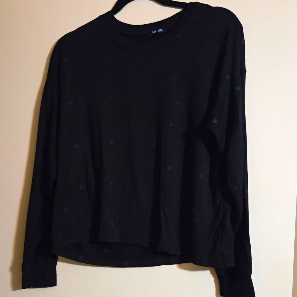 Splendid Black Heart Print Long Sleeve Crew Neck Stretch Knit Top, S